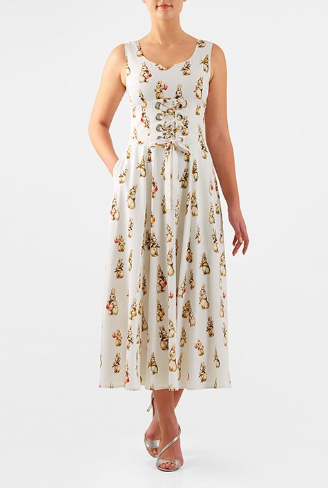 Shop Lace-up corset belt rabbit print crepe dress | eShakti