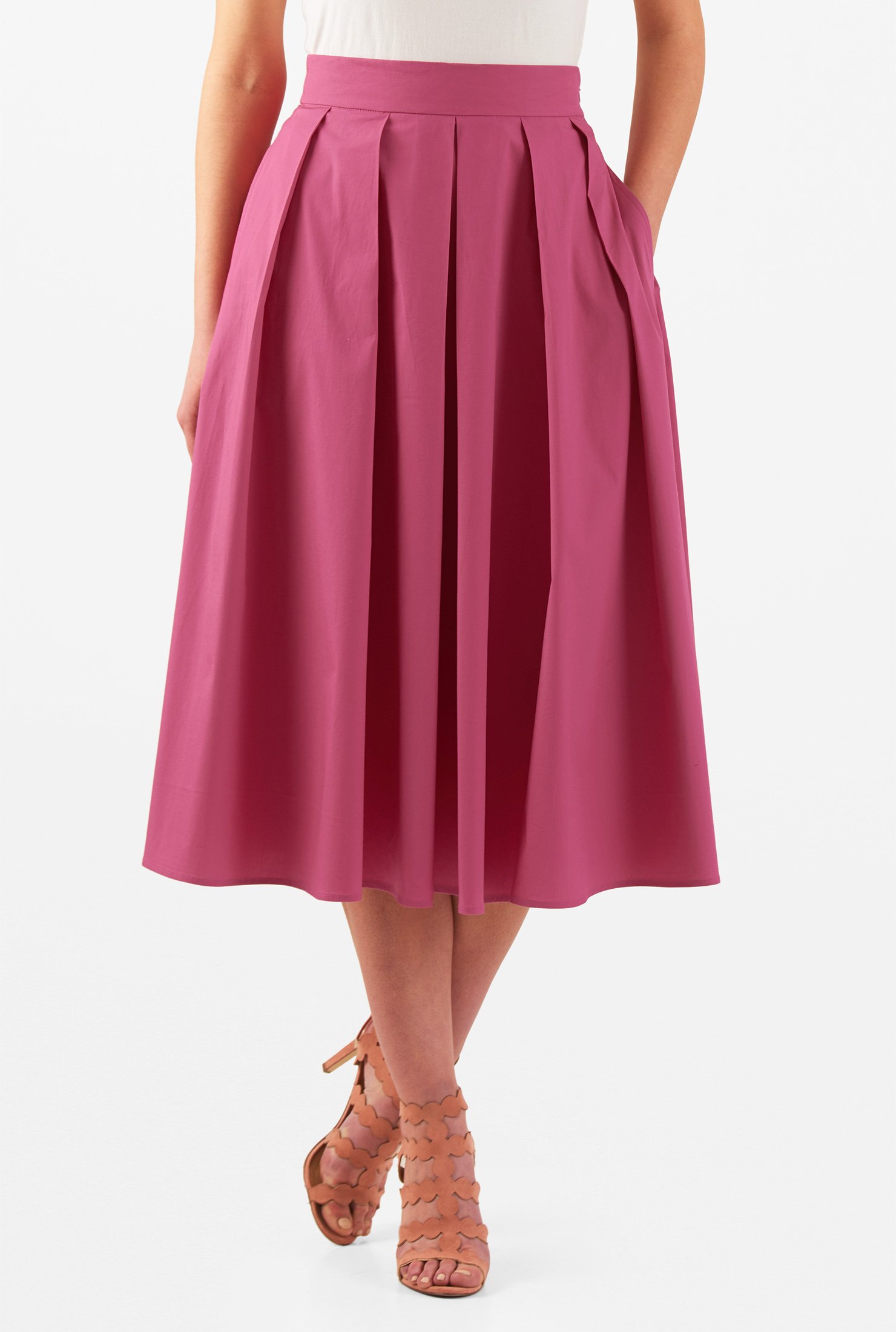 Shop Pleated stretch cotton poplin midi skirt | eShakti