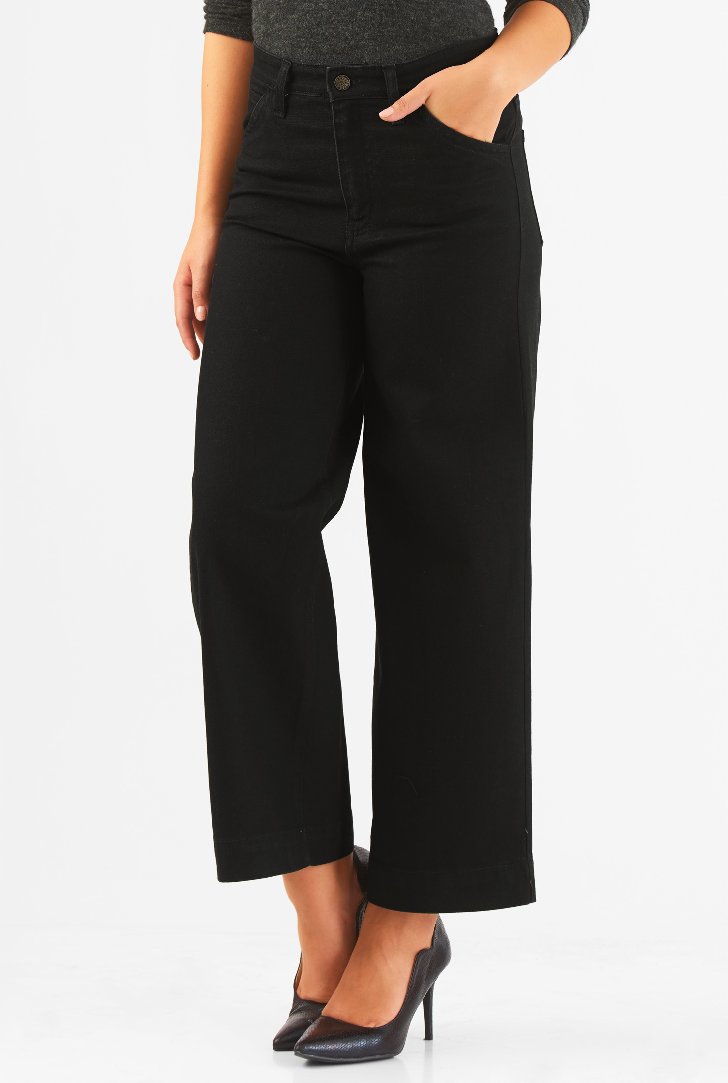 black denim wide leg cropped jeans