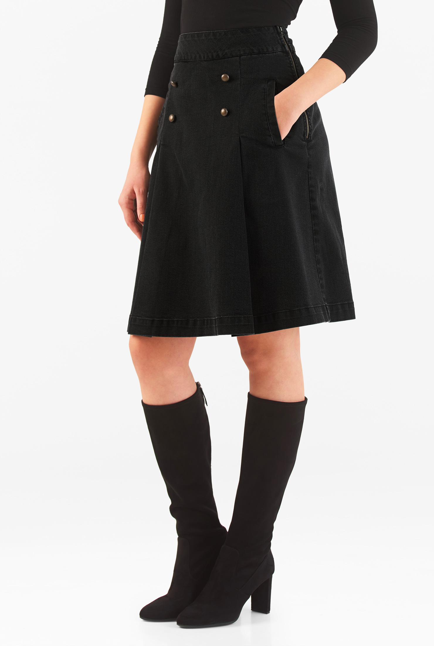 Shop Black denim button pleat skirt eShakti