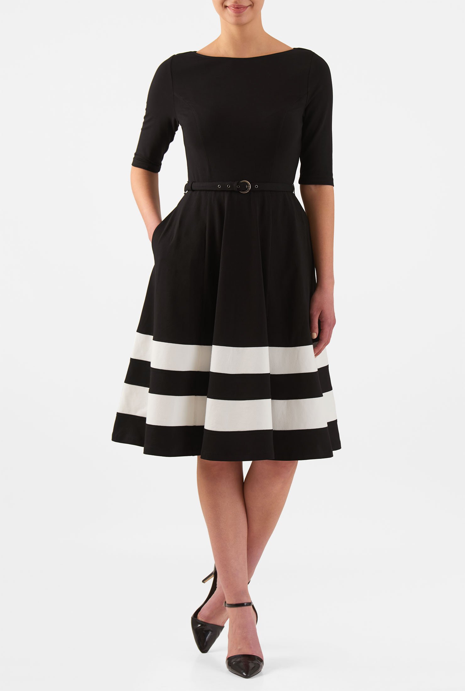 Shop Contrast stripe hem belted cotton knit dress | eShakti