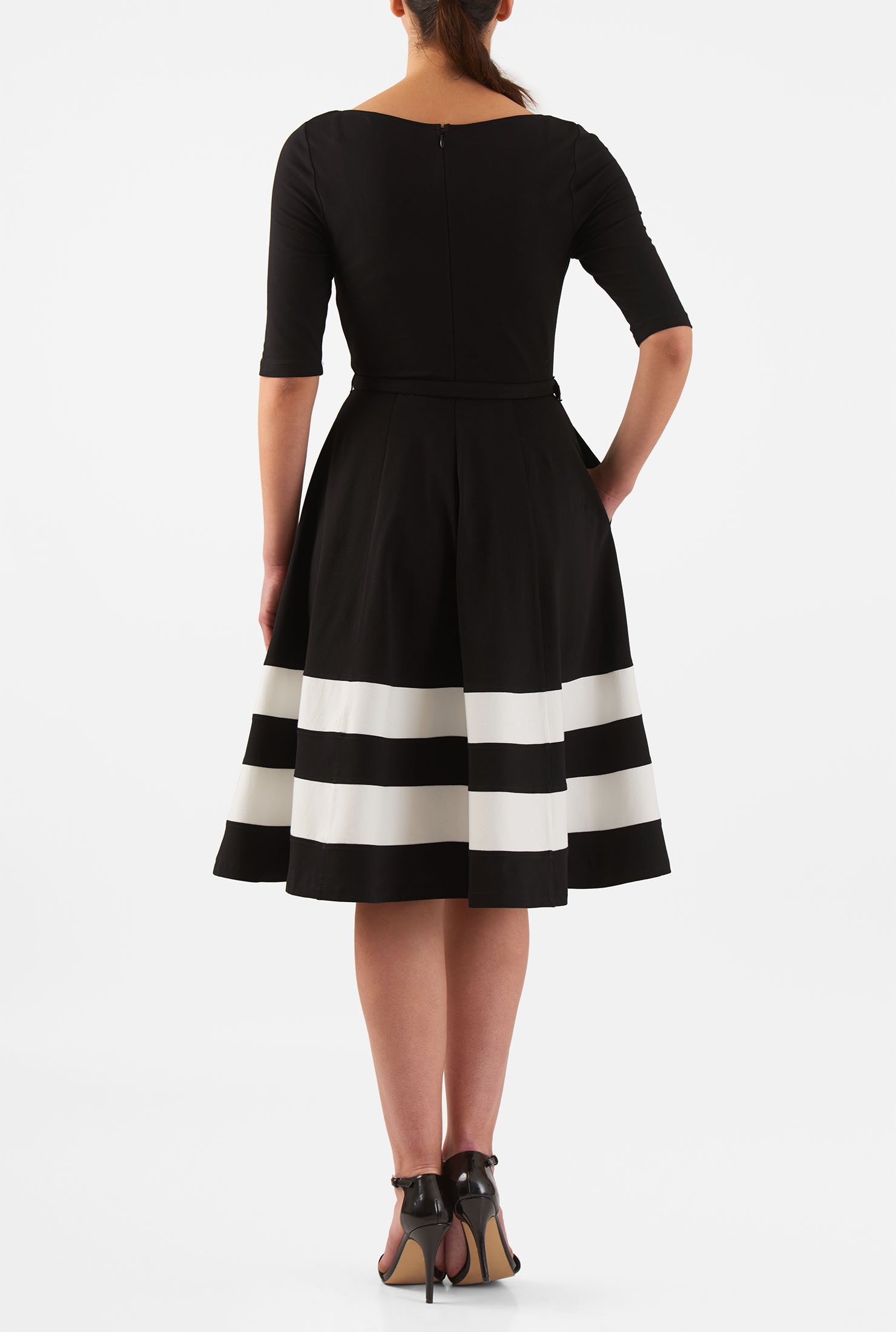 Shop Contrast stripe hem belted cotton knit dress | eShakti