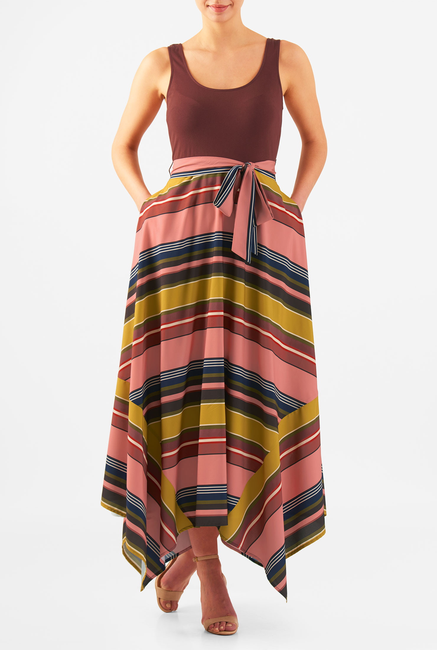 Shop Stripe handkerchief hem mixed media maxi dress | eShakti