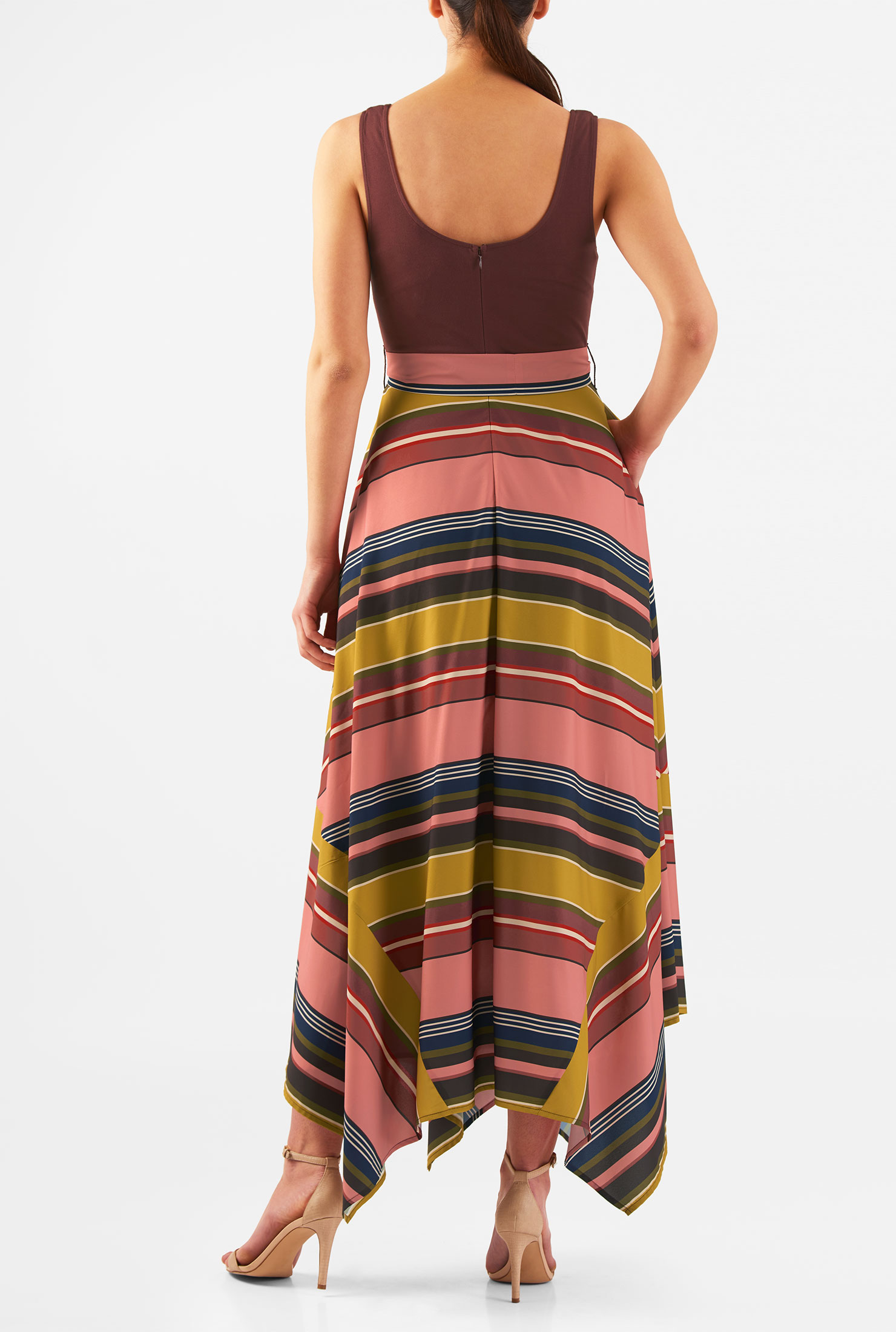 Shop Stripe handkerchief hem mixed media maxi dress | eShakti