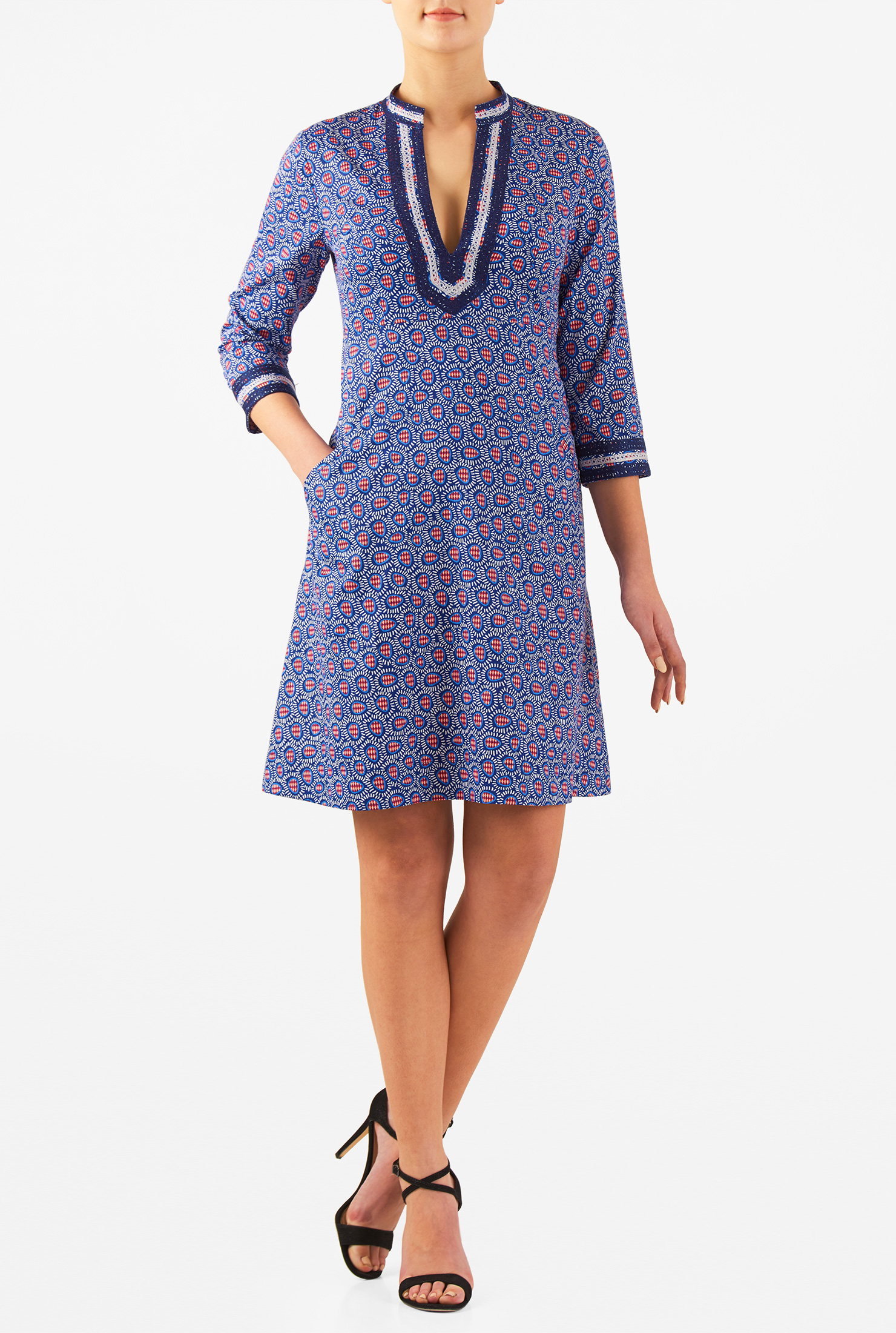 Shop Graphic print lace trim empire shift dress eShakti