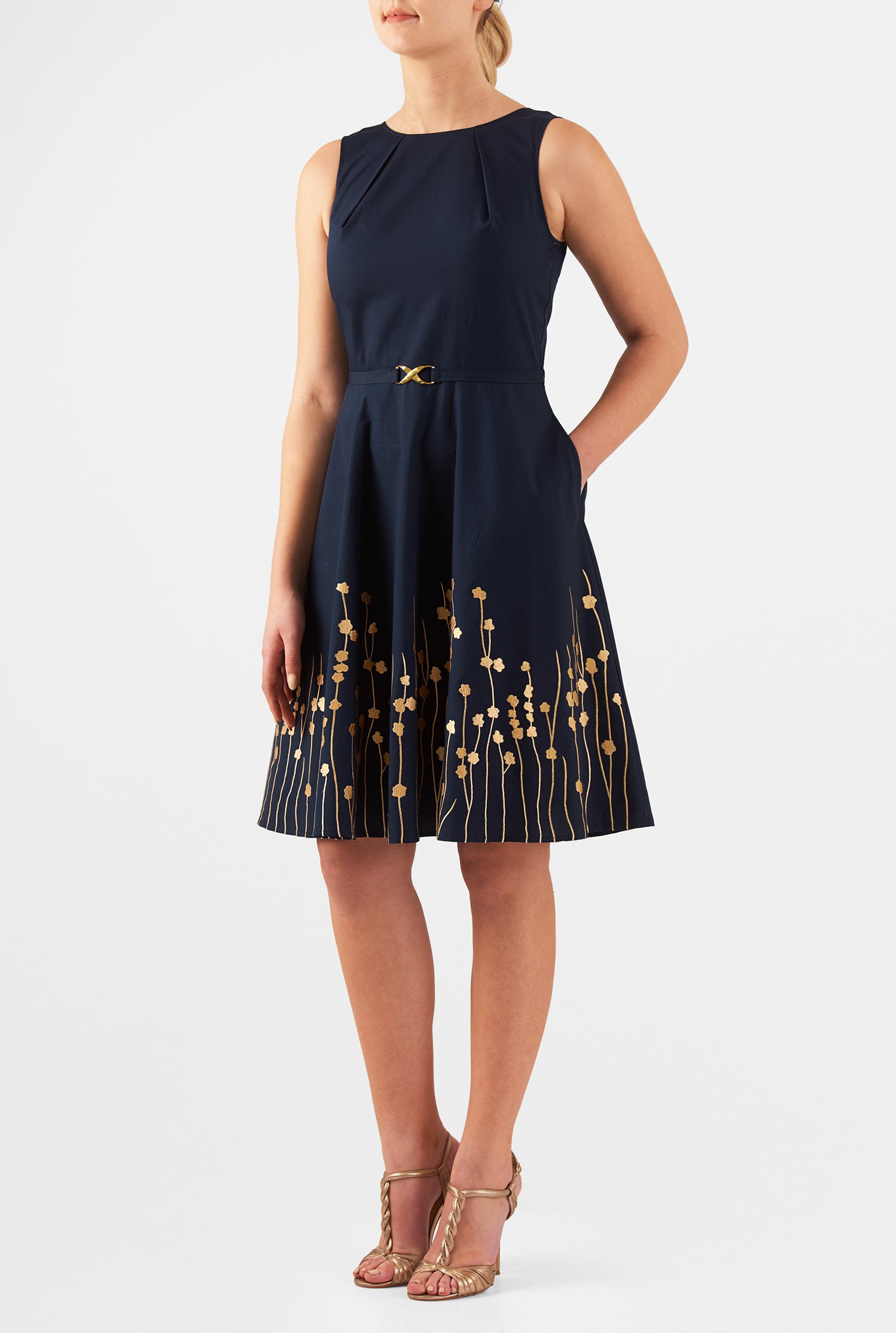 Shop Floral embellished pleat neck poplin dress | eShakti