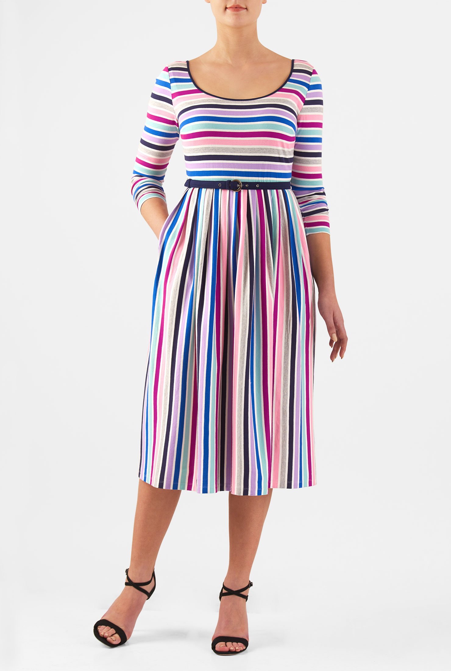 Shop Stripe cotton knit belted midi dress | eShakti