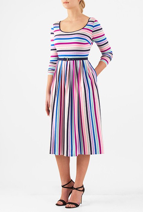 Shop Stripe cotton knit belted midi dress | eShakti