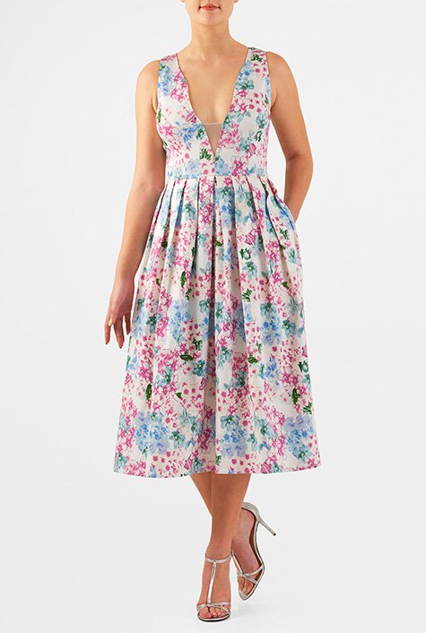 Shop Low V-neck floral print cotton sateen dress | eShakti