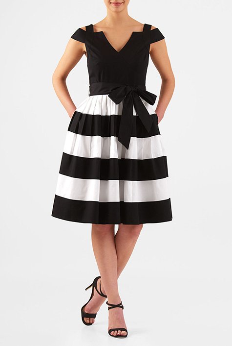 Shop Cold shoulder banded stripe cotton poplin dress | eShakti