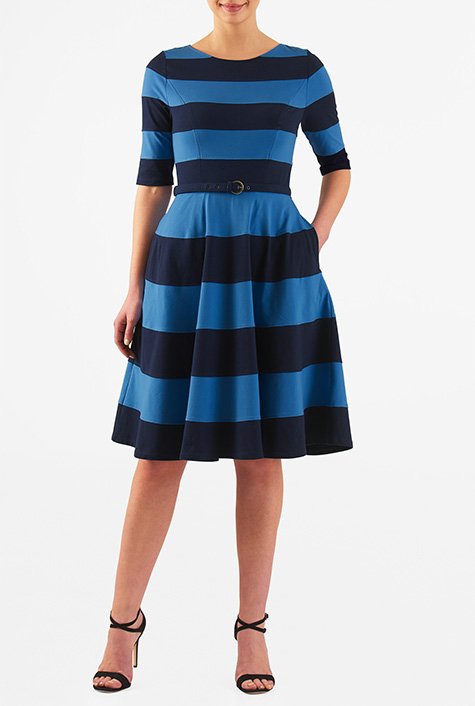 Shop Banded stripe belted cotton knit dress | eShakti