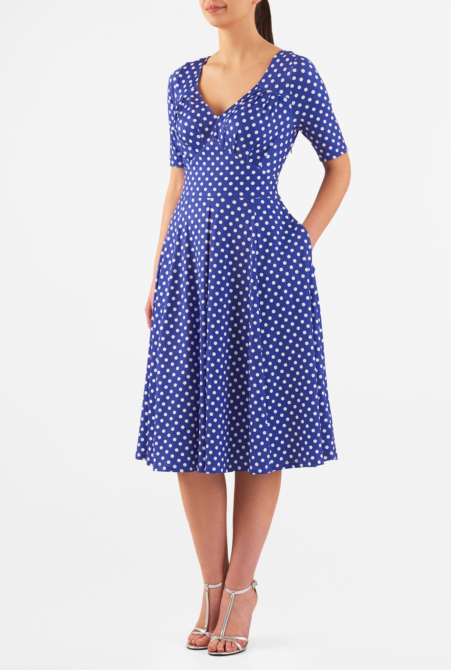 Shop Feminine pleated polka dot polyjersey dress | eShakti