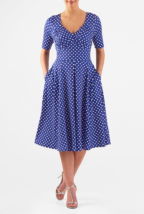 Shop Feminine pleated polka dot polyjersey dress | eShakti