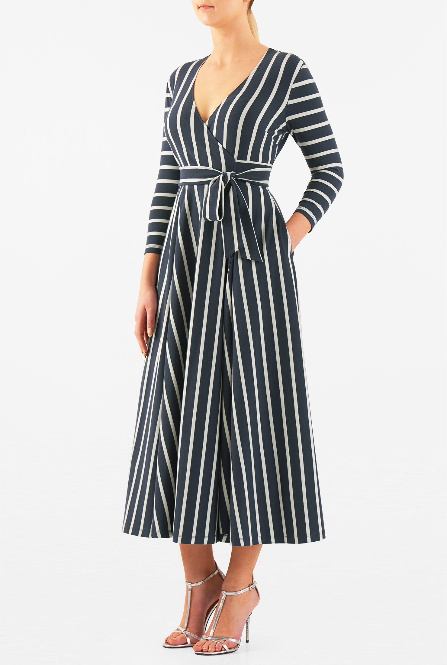 Shop Stripe cotton jersey knit midi wrap dress | eShakti
