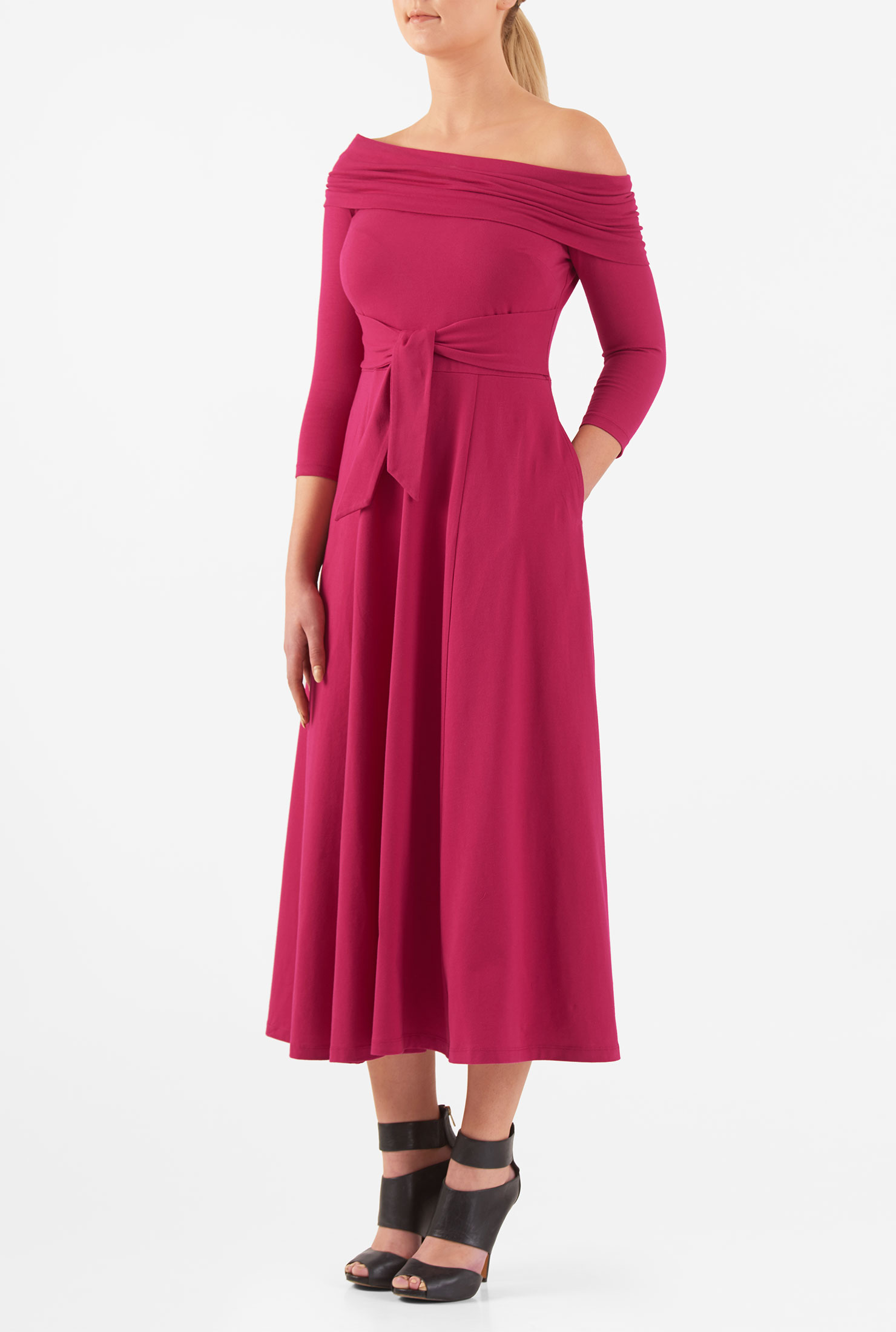 Shop Offshoulder sash tie front cotton knit dress eShakti