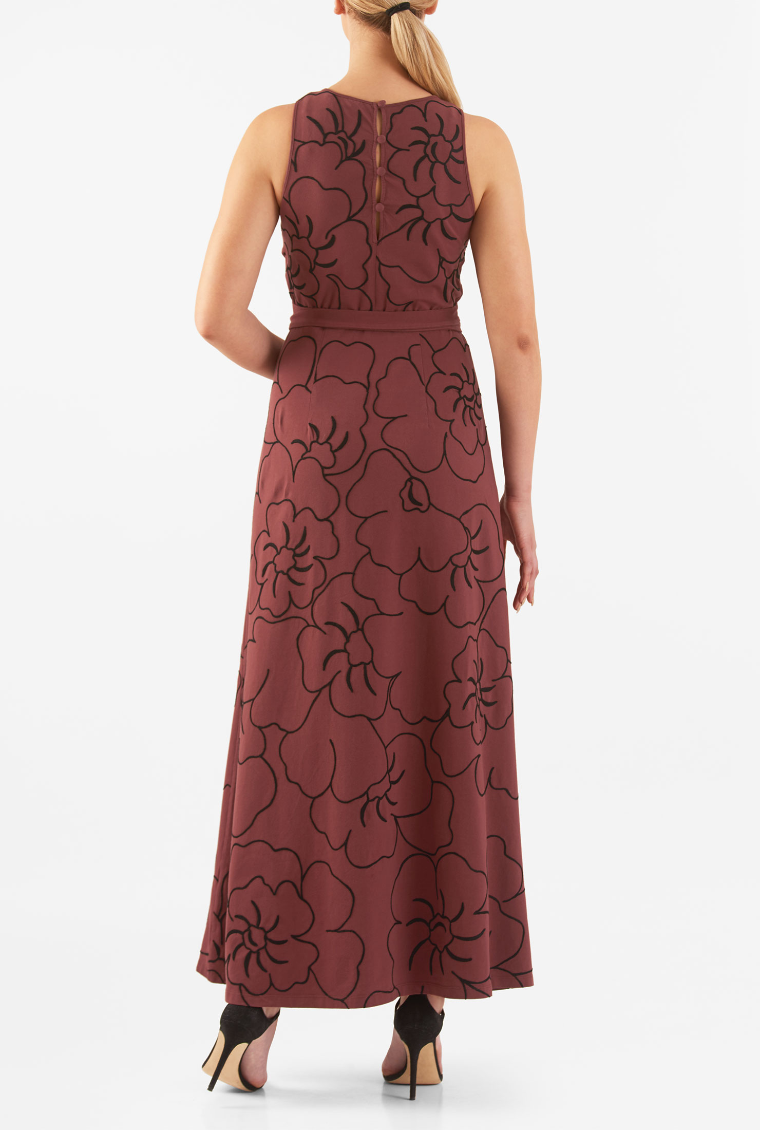 Shop Empire tie waist floral embellished cotton knit maxi dress eShakti