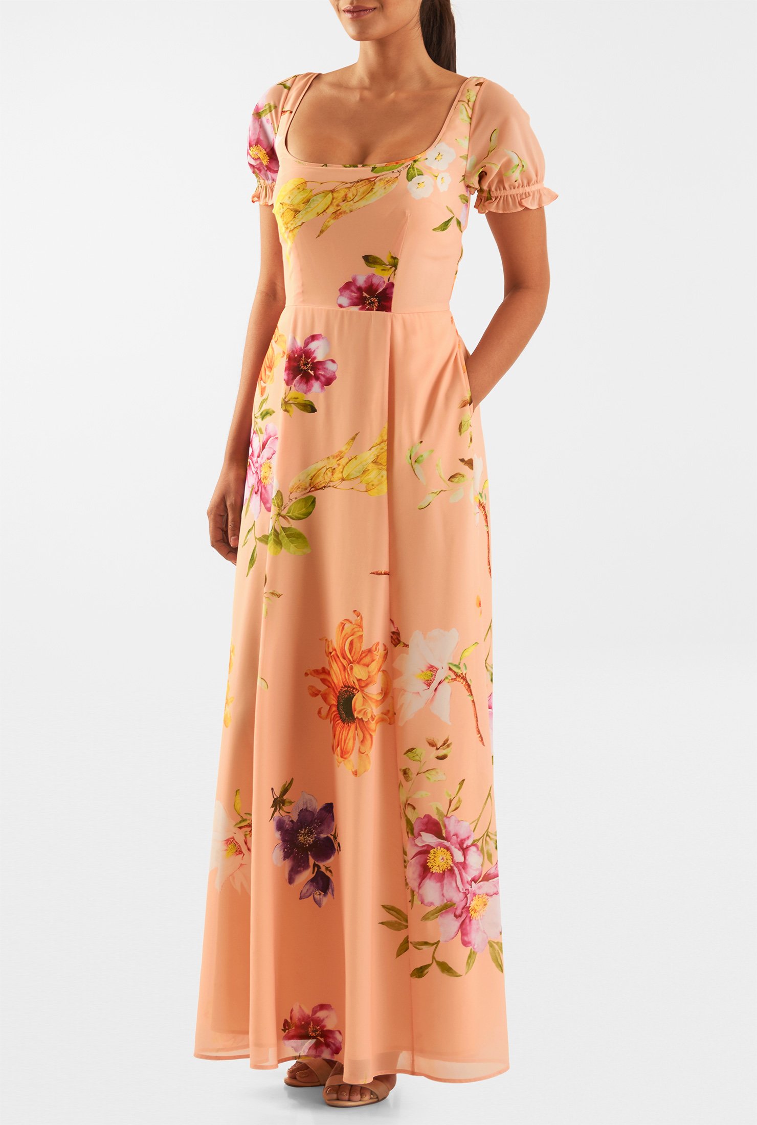 Shop Floral print puff sleeve georgette maxi dress | eShakti