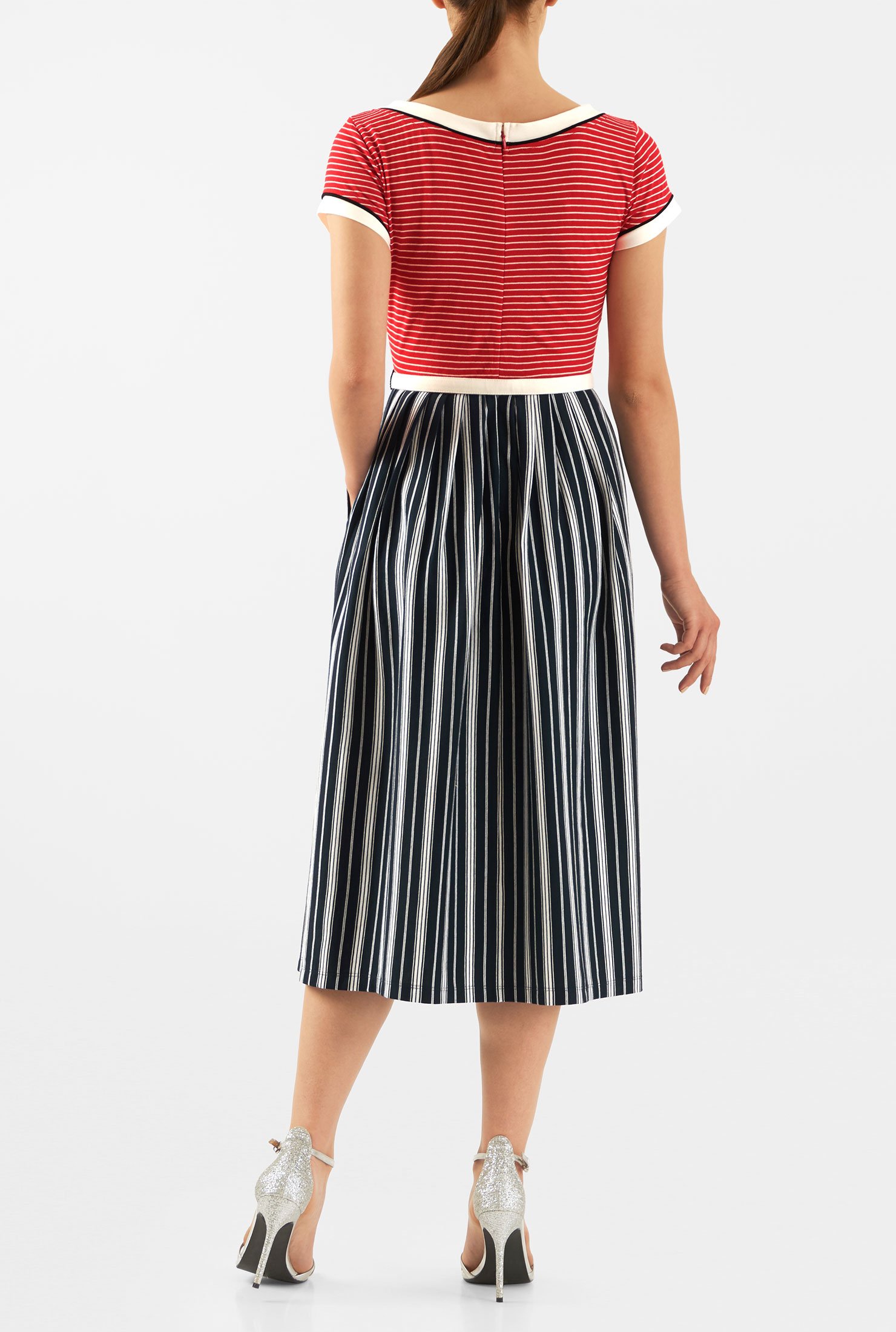 Shop Mixed stripe cotton knit belted midi dress | eShakti