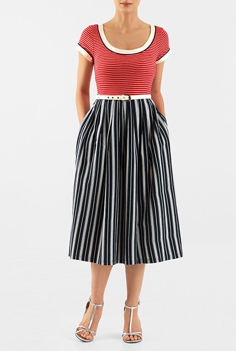 Shop Mixed stripe cotton knit belted midi dress | eShakti