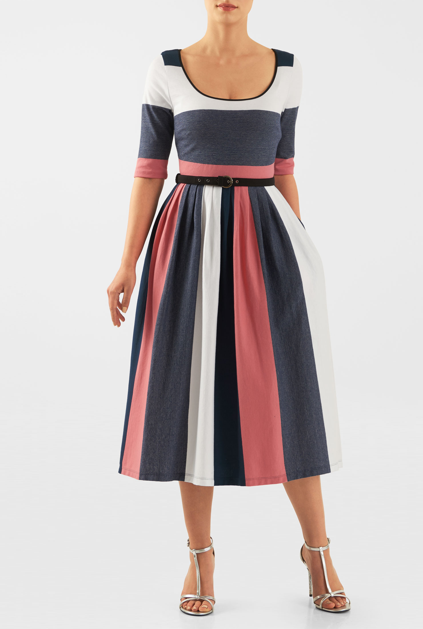 Shop Stripe cotton knit belted midi dress eShakti