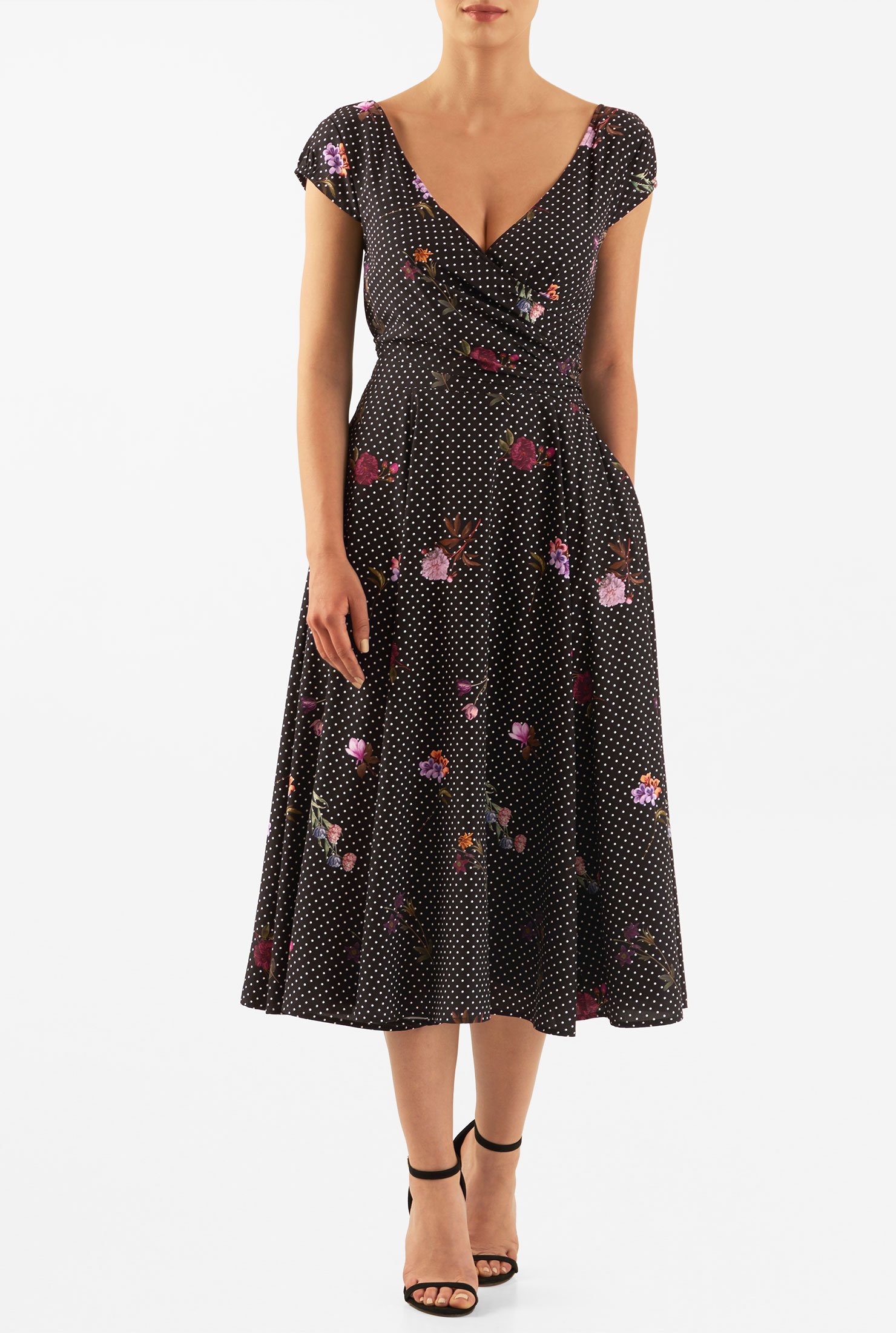 Shop Pleated surplice floral dot print crepe dress | eShakti