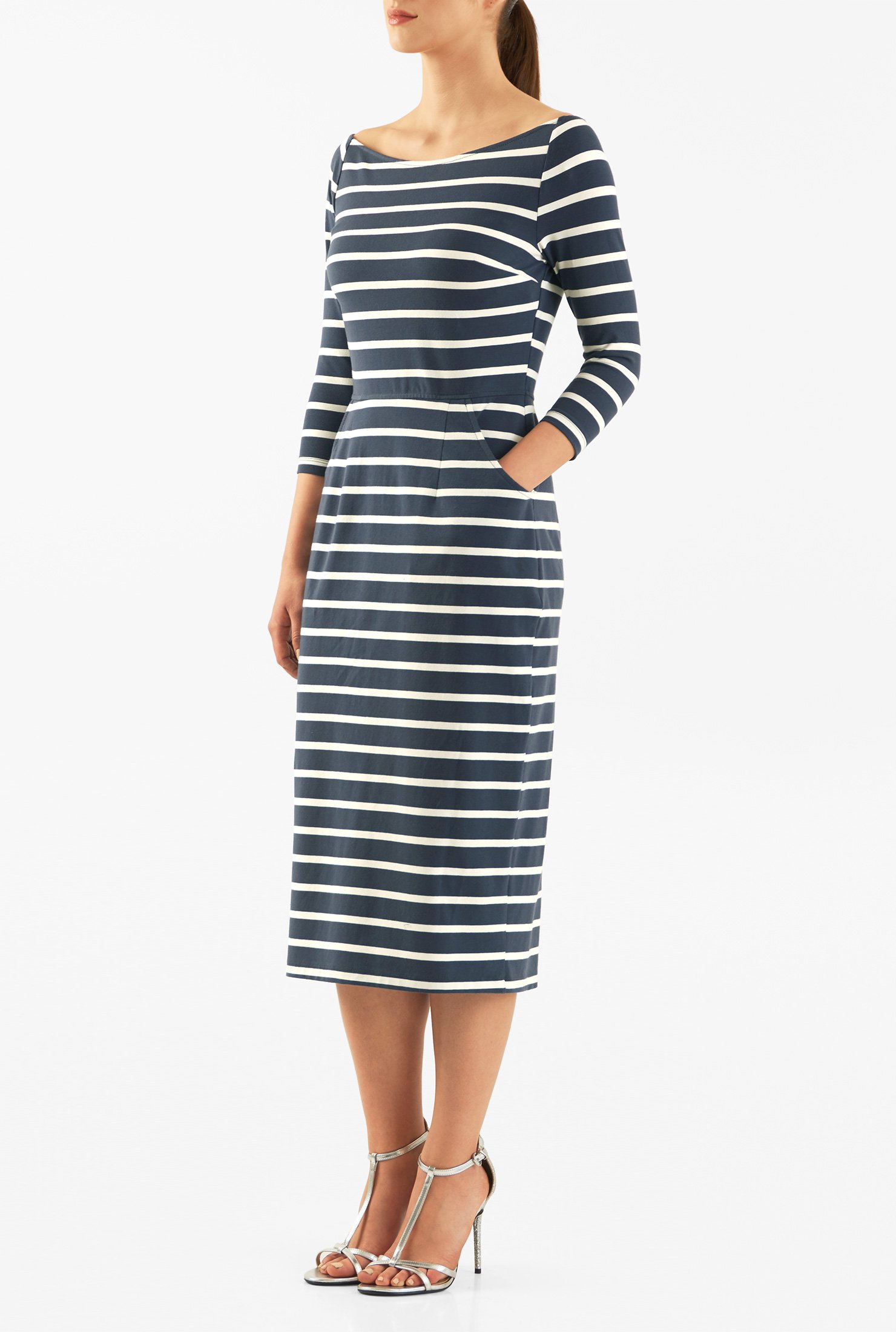 Shop Stripe cotton knit bateau neck sheath dress | eShakti