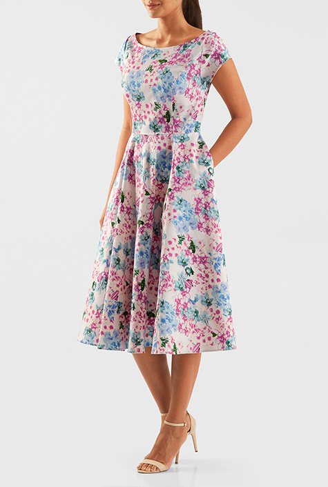 Shop Floral print wide boat neck cotton sateen dress | eShakti