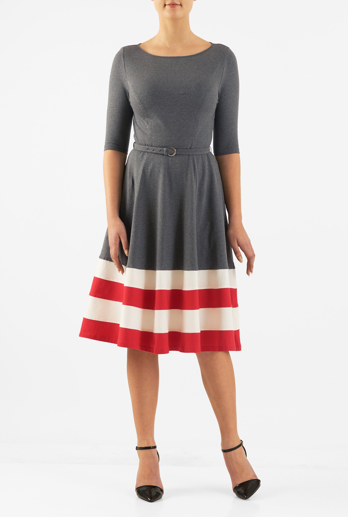 Shop Contrast stripe hem belted cotton knit dress | eShakti