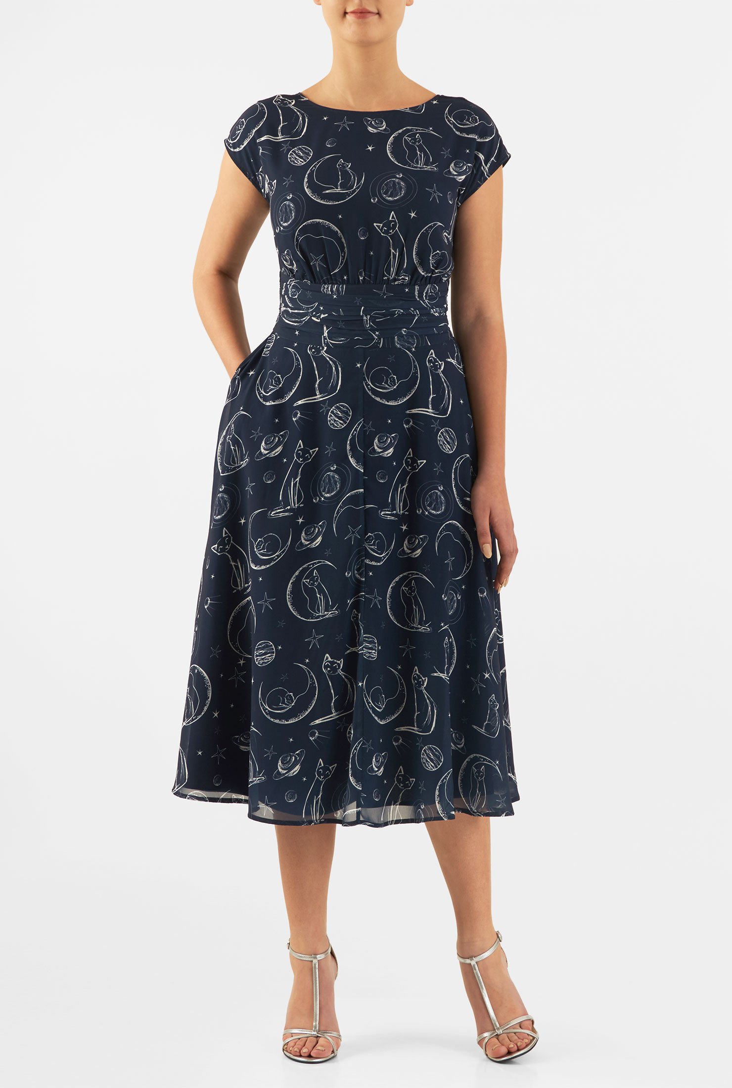 Shop Cat and moon print pleated empire georgette dress | eShakti