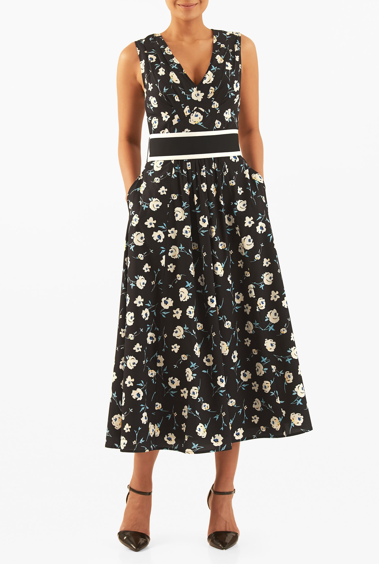 Shop Pleated floral print crepe midi dress | eShakti