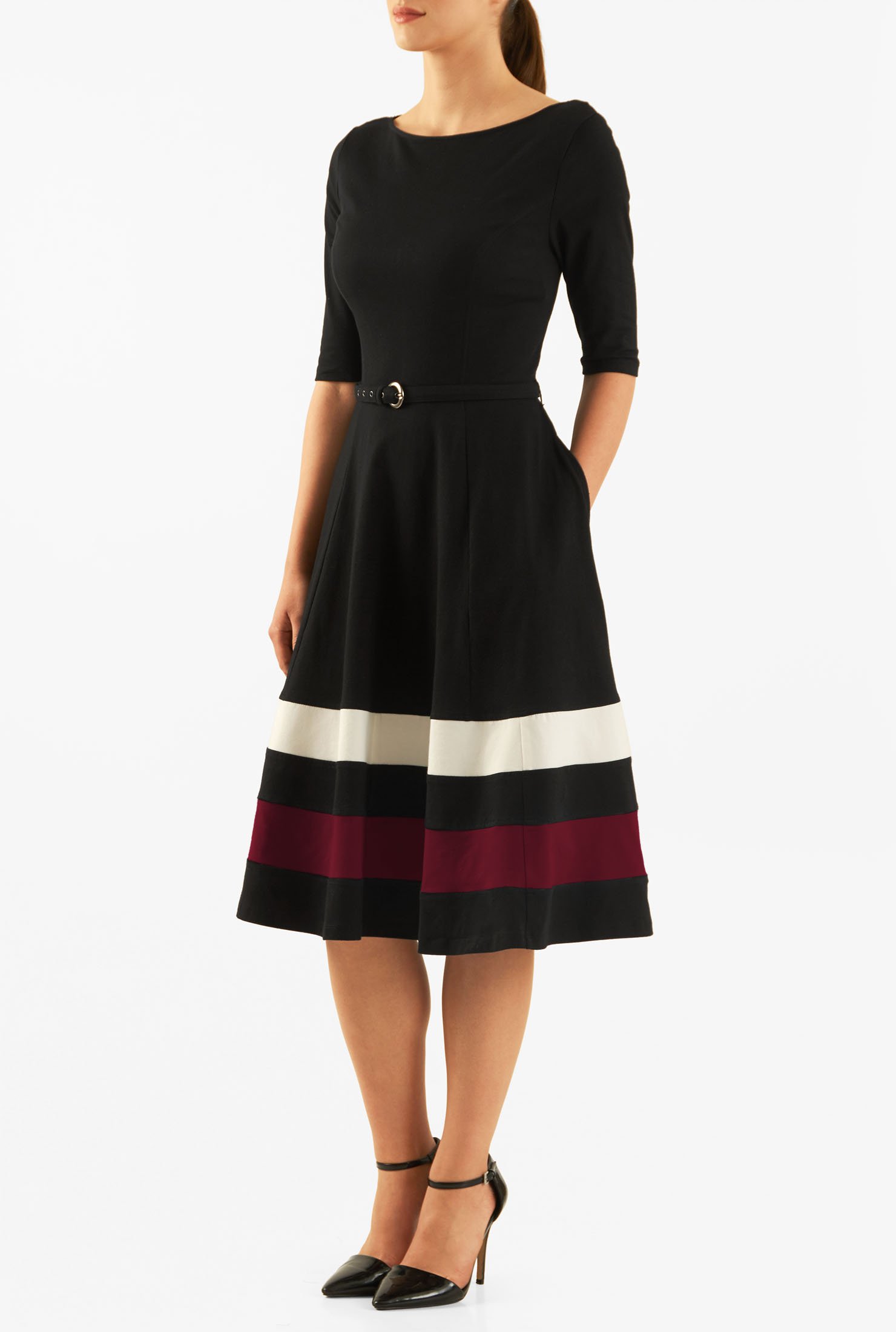 Shop Contrast stripe hem belted cotton knit dress | eShakti