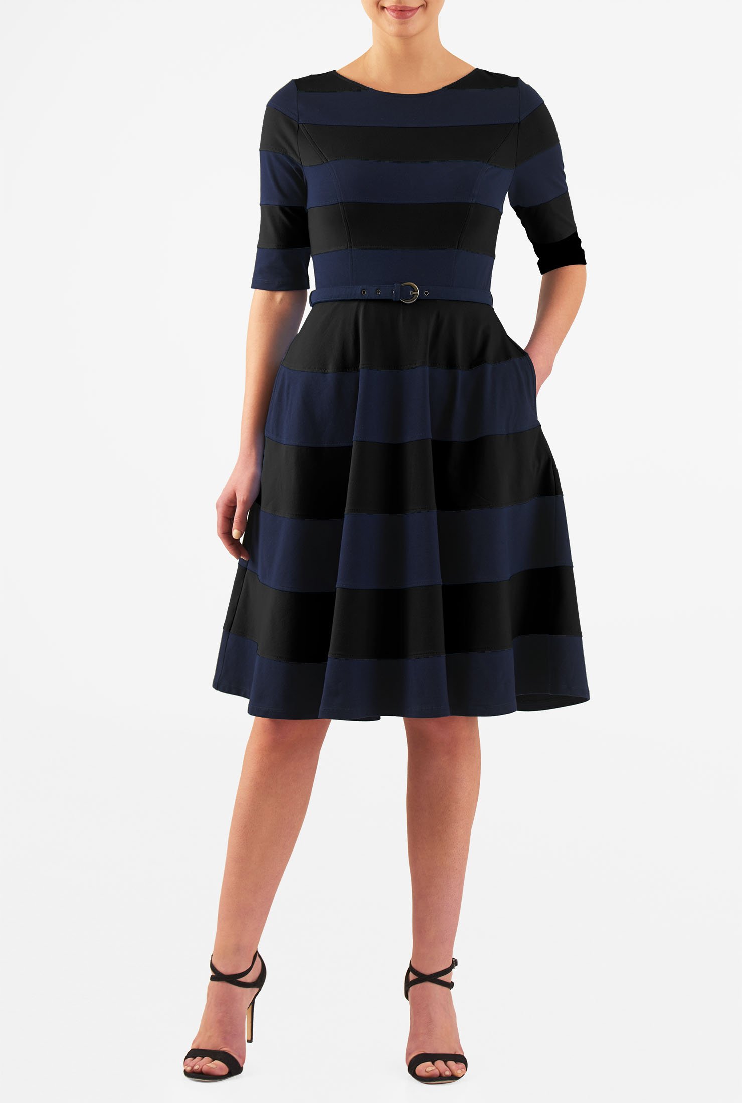 Shop Banded stripe belted cotton knit dress | eShakti