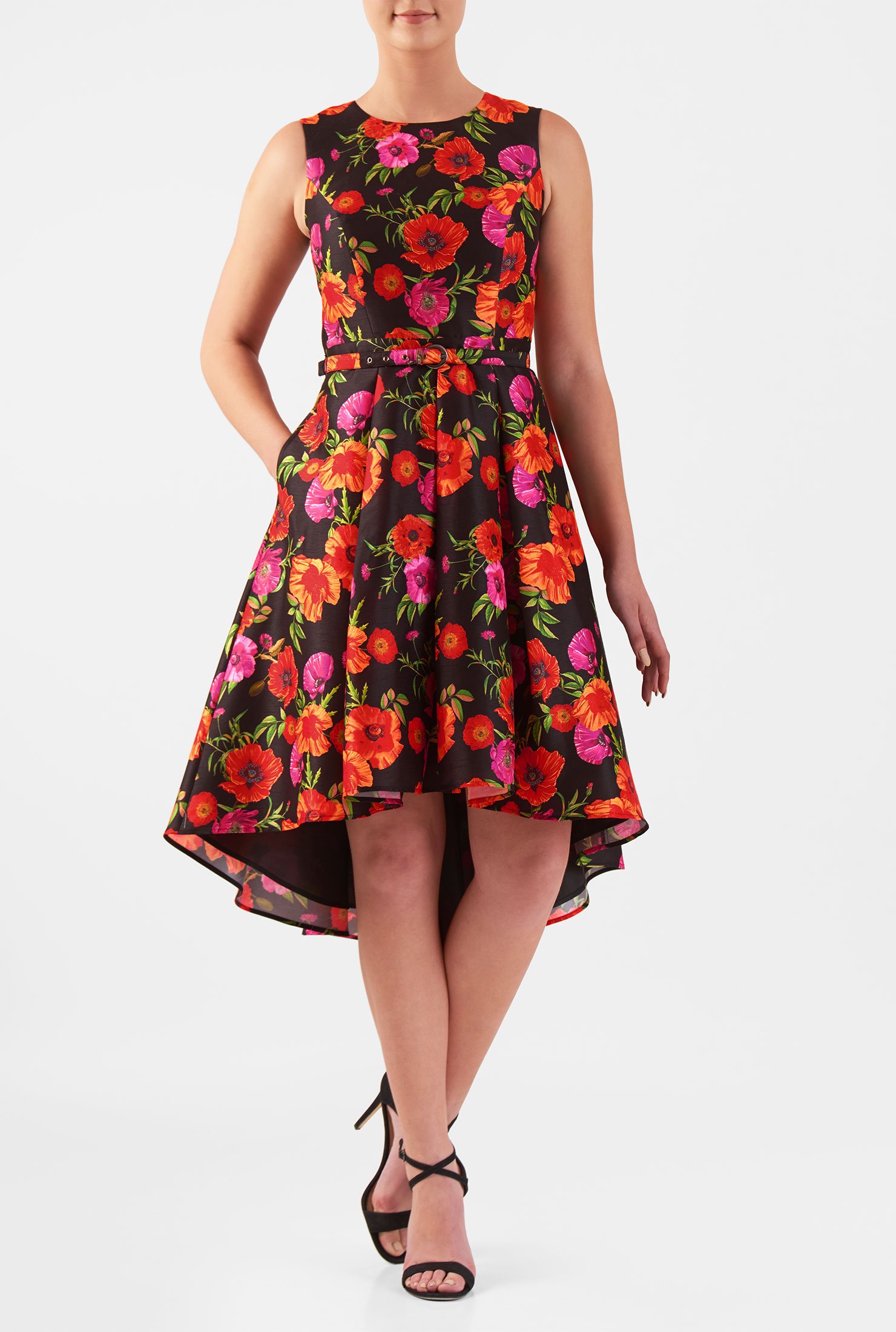 Shop High-low hem floral dupioni belted dress | eShakti