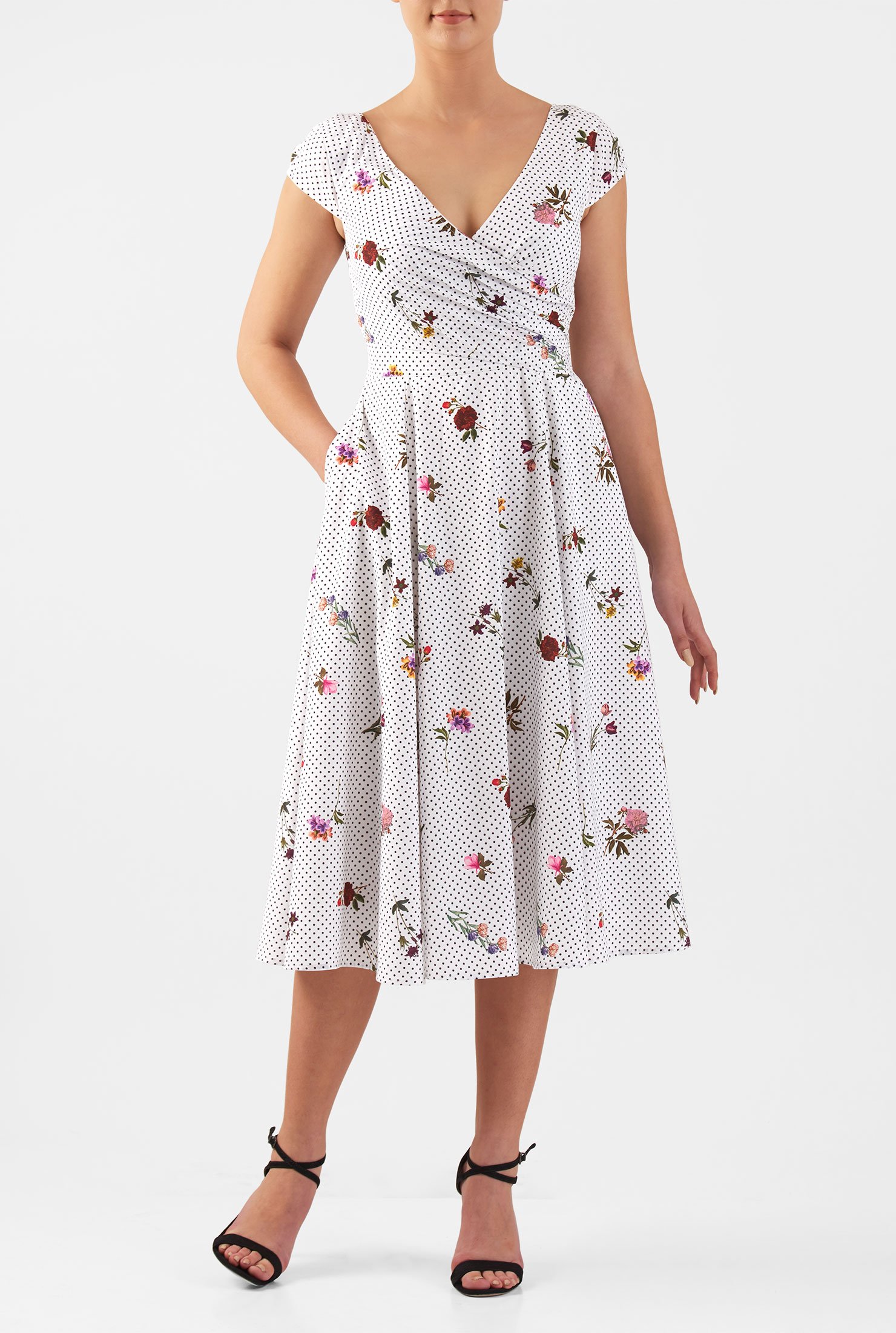 Shop Pleated surplice floral dot print crepe dress | eShakti