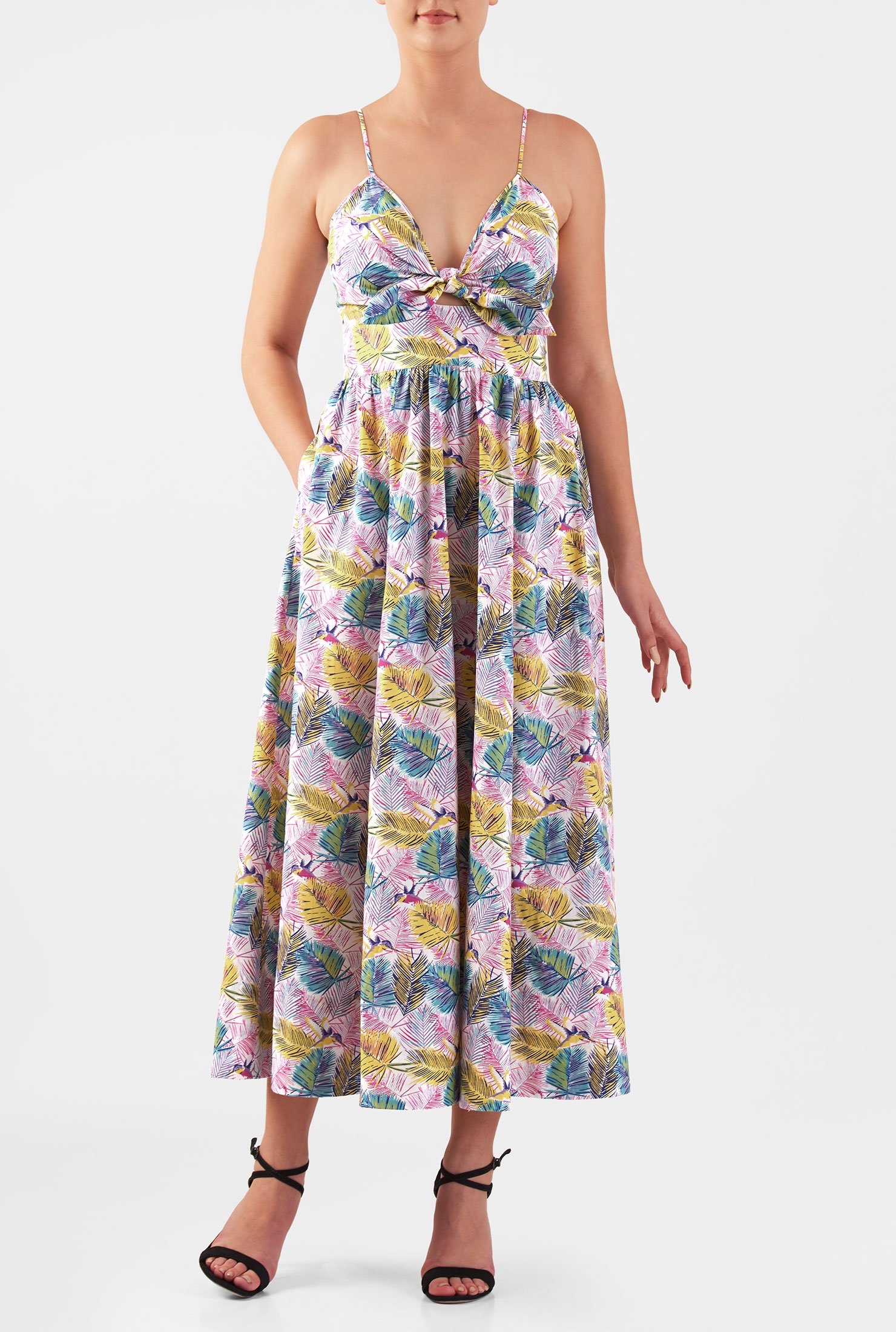 Shop Palm print bow-tie cotton maxi dress | eShakti