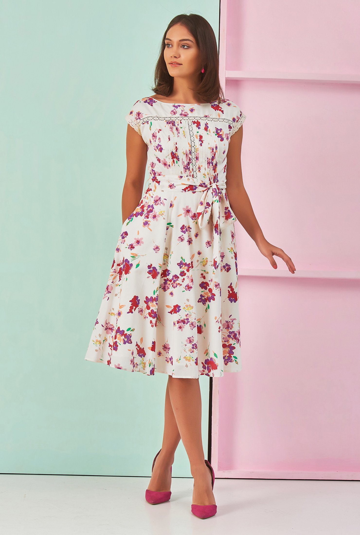 Shop Pintuck pleat lace trim floral print cotton dress | eShakti