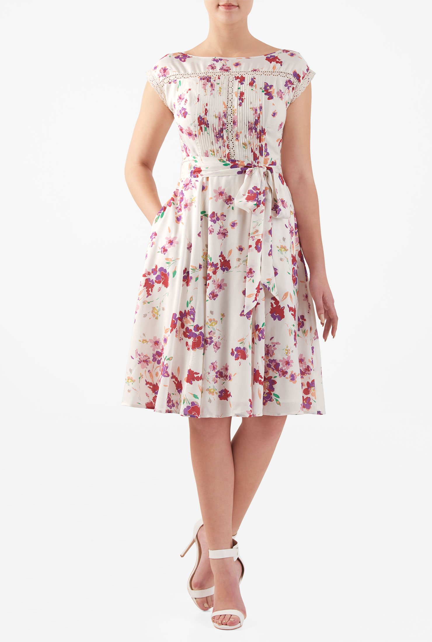 Shop Pintuck pleat lace trim floral print cotton dress | eShakti
