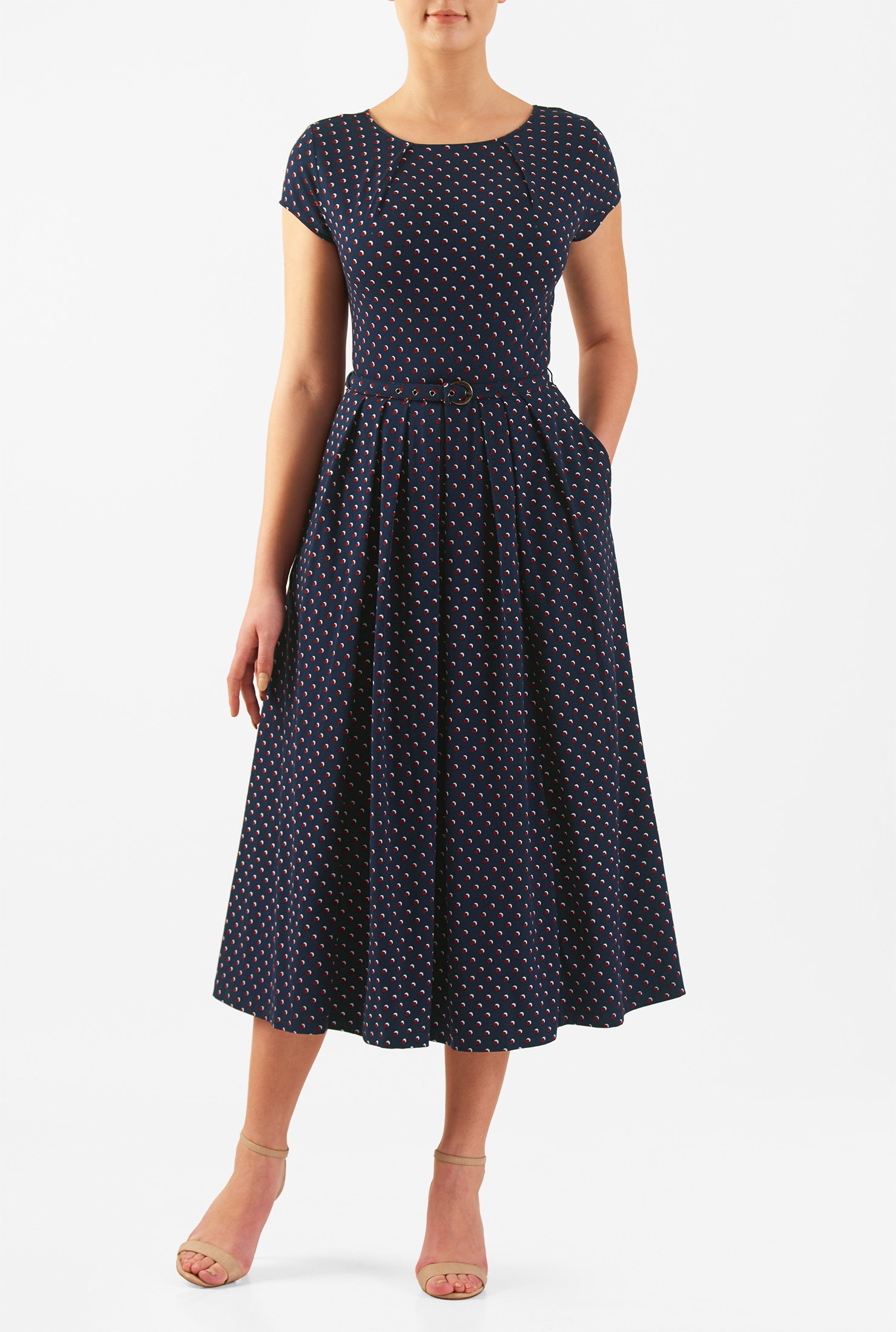 Shop Pleat neck belted polka dot cotton knit dress | eShakti