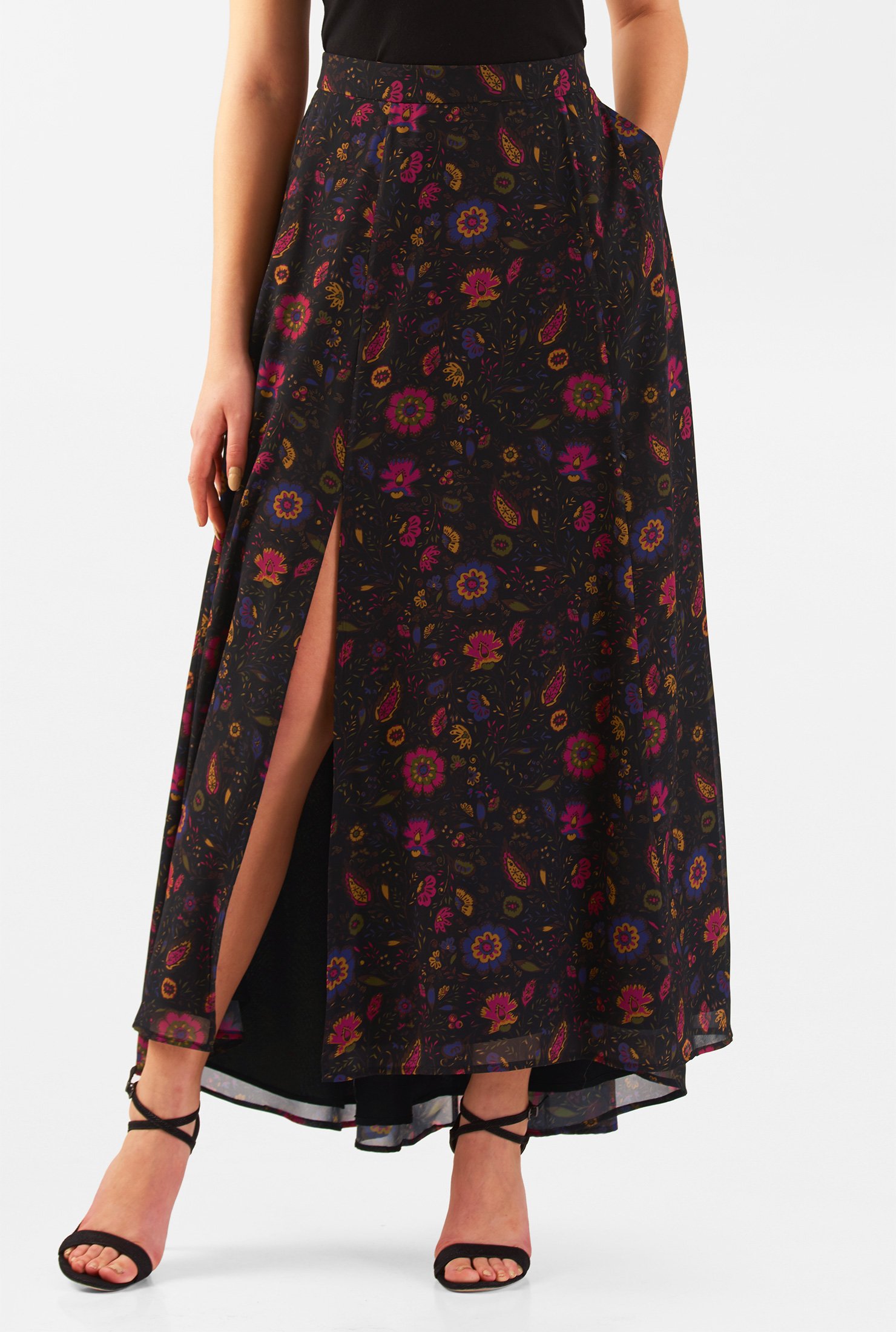 Shop Floral print front vent georgette skirt | eShakti