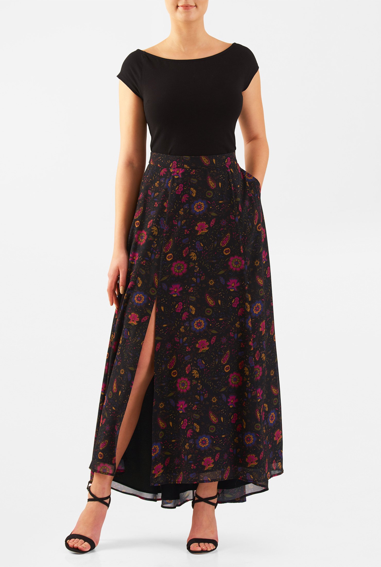 Shop Floral print front vent georgette skirt | eShakti