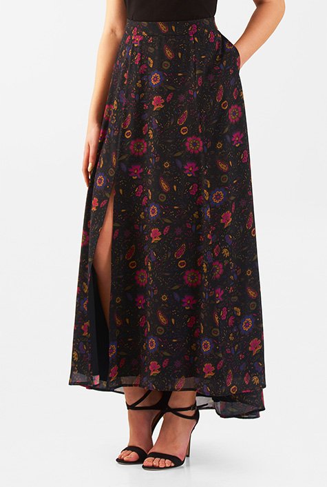 Shop Floral print front vent georgette skirt | eShakti