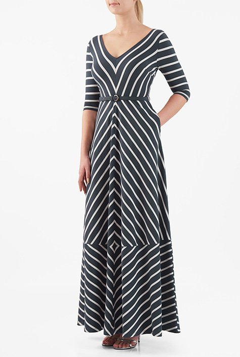 Shop Chevron stripe cotton knit belted maxi dress | eShakti