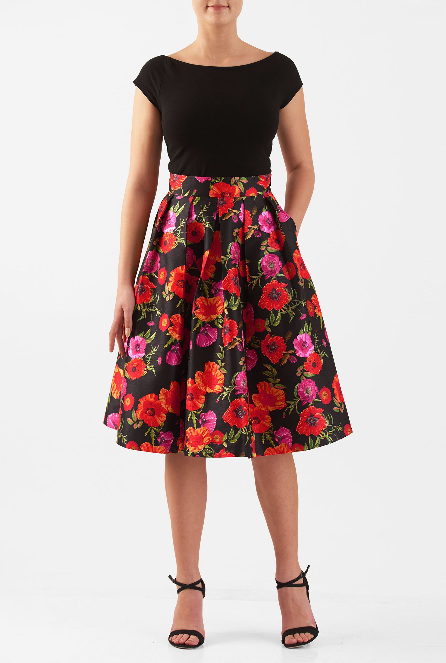 Shop Box-pleat floral print dupioni skirt | eShakti
