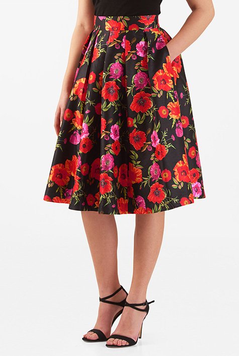 Shop Box-pleat floral print dupioni skirt | eShakti
