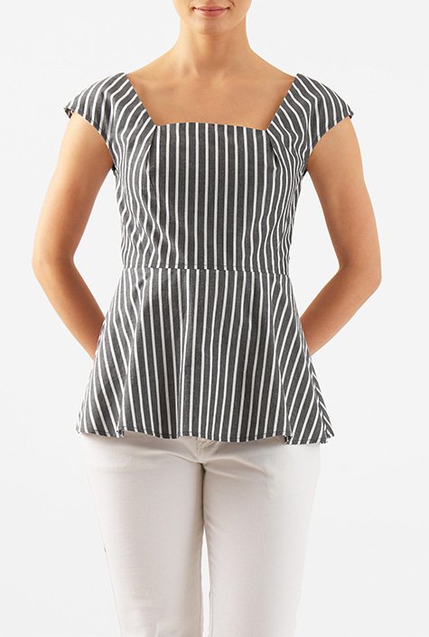 Pleat neck chambray stripe peplum blouse