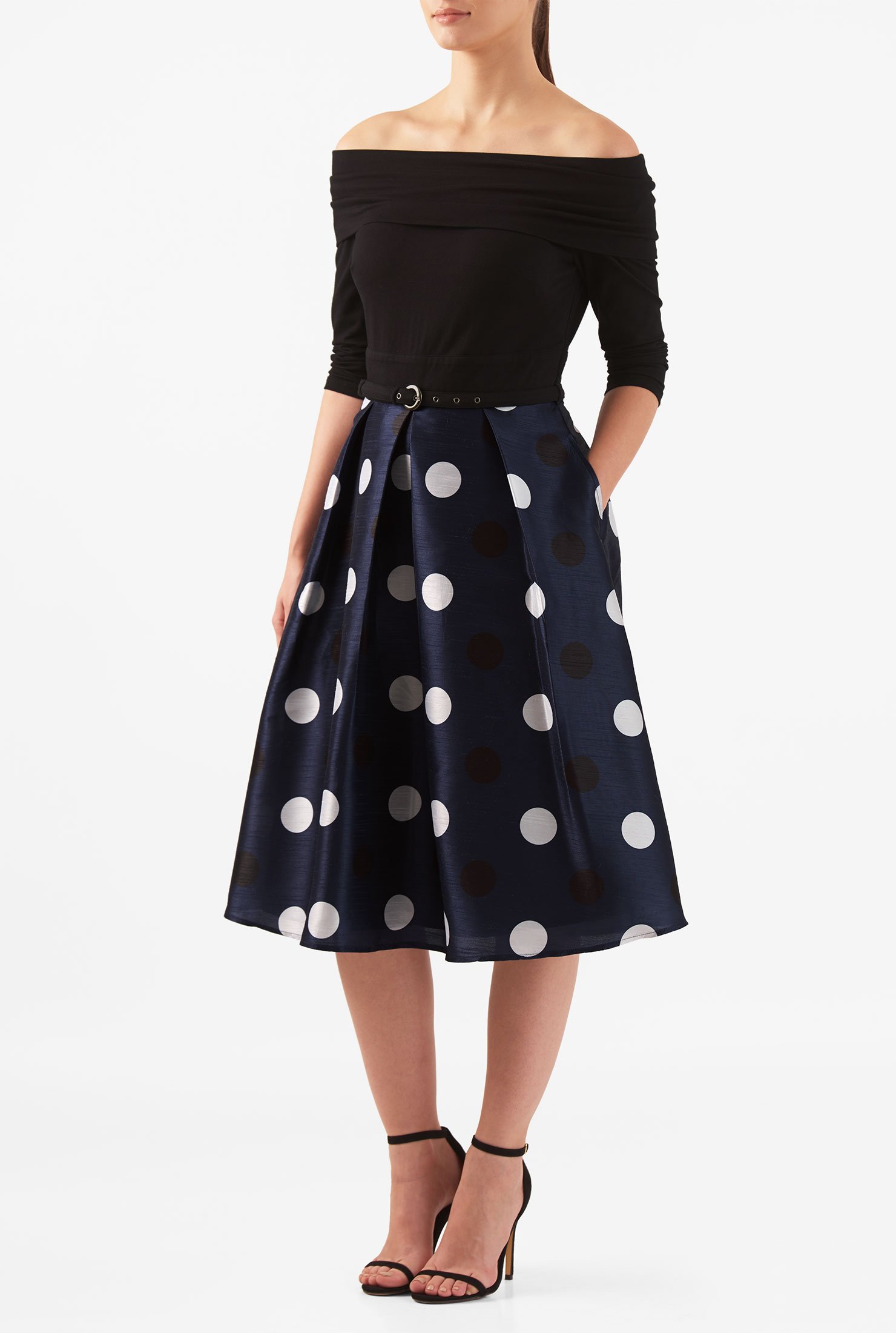 Shop Off-shoulder mixed media polka dot dress | eShakti