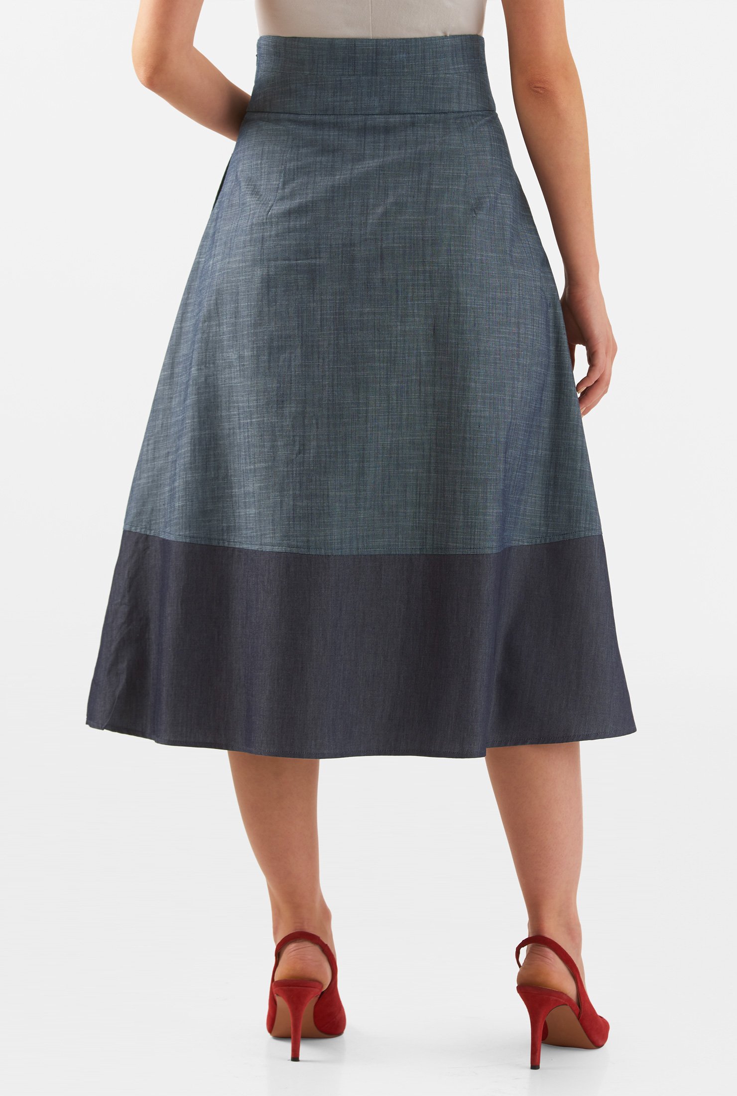 Shop Tie front colorblock cotton chambray midi skirt | eShakti