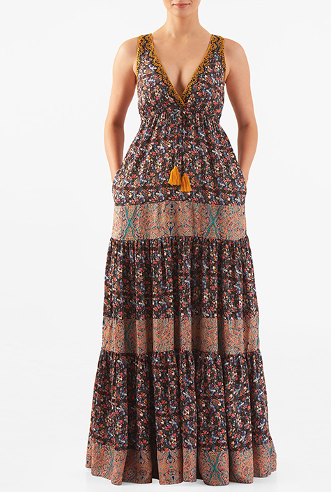 Shop Mixed print tassel ties tiered maxi dress eShakti