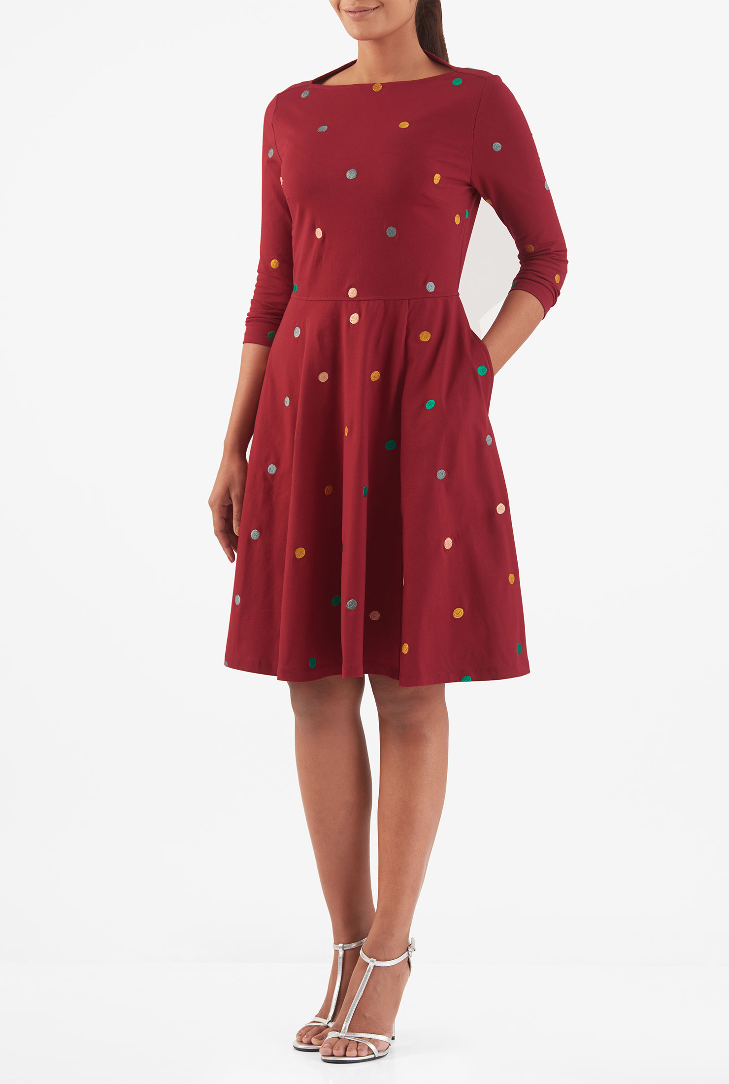 Shop Embellished polka dot cotton knit dress eShakti
