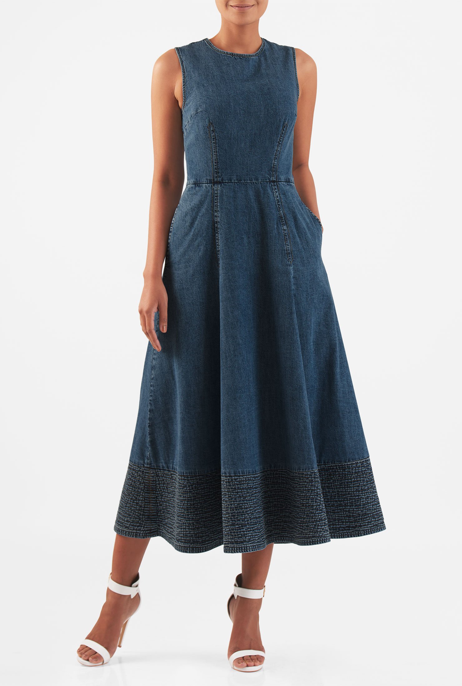 Shop Trapunto hem cotton denim midi dress | eShakti